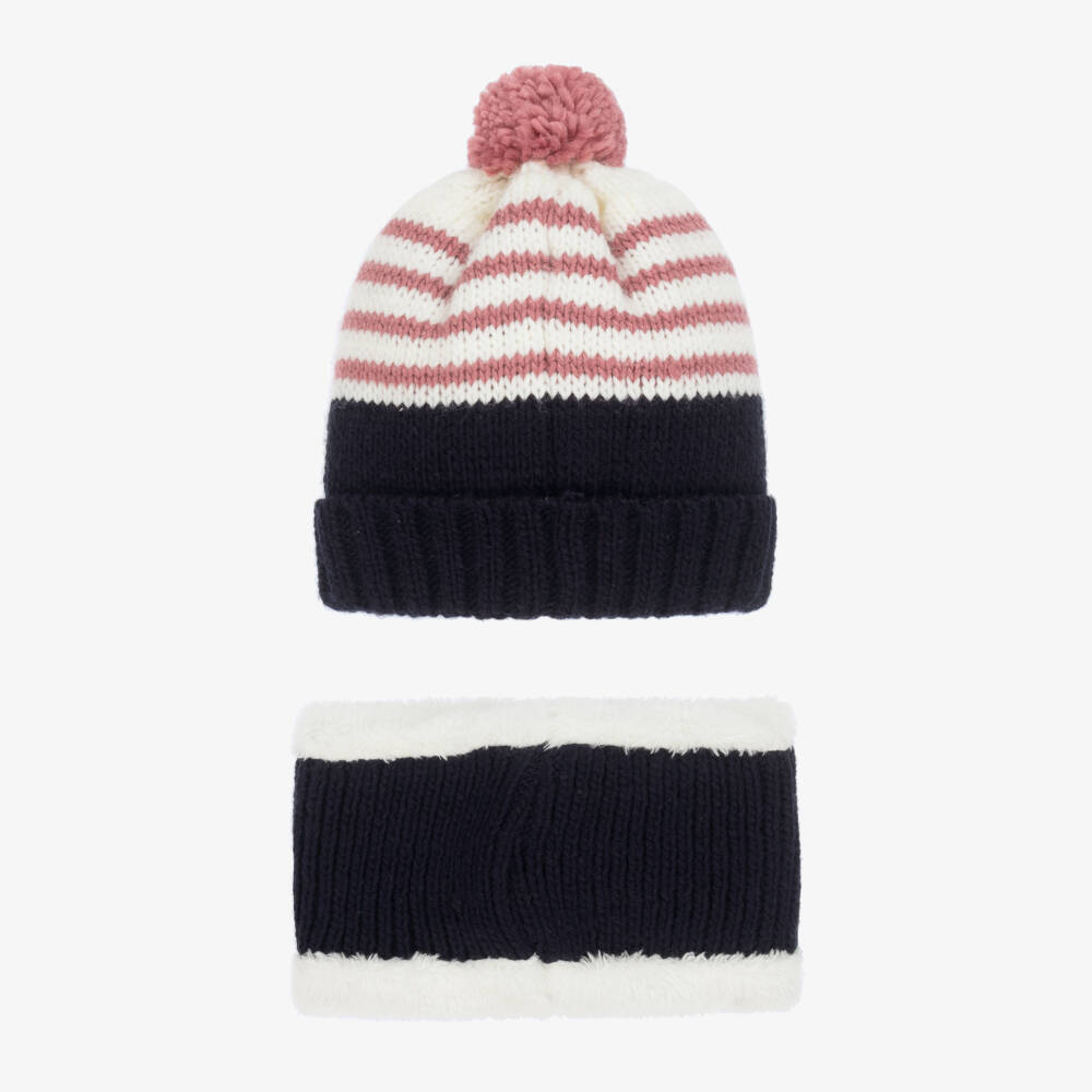 Week-end à la mer-Girls Pink & Navy Blue Knitted Hat & Snood Set | Childrensalon