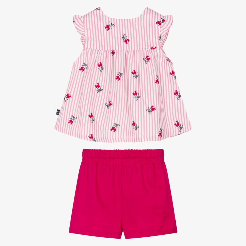 Week-end à la mer-Girls Pink & White Striped Top with Shorts Set | Childrensalon