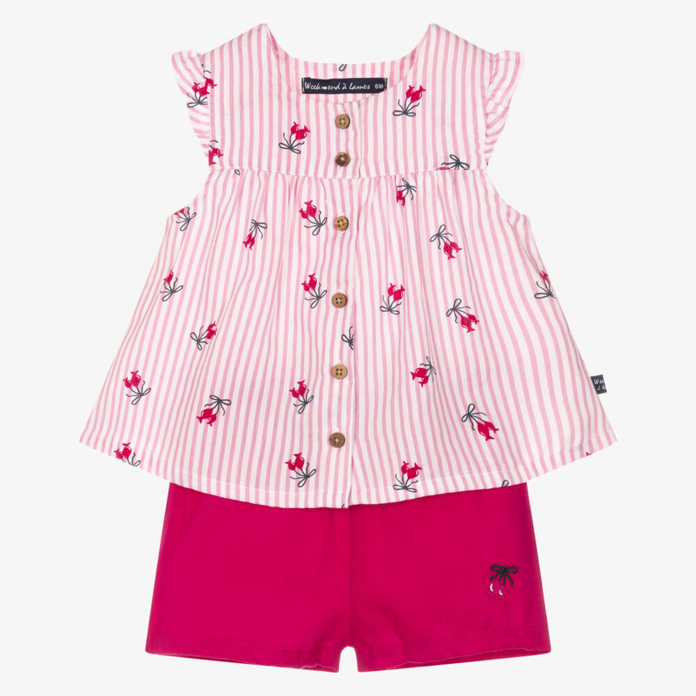 Week-end à la mer-Girls Pink & White Striped Top with Shorts Set | Childrensalon