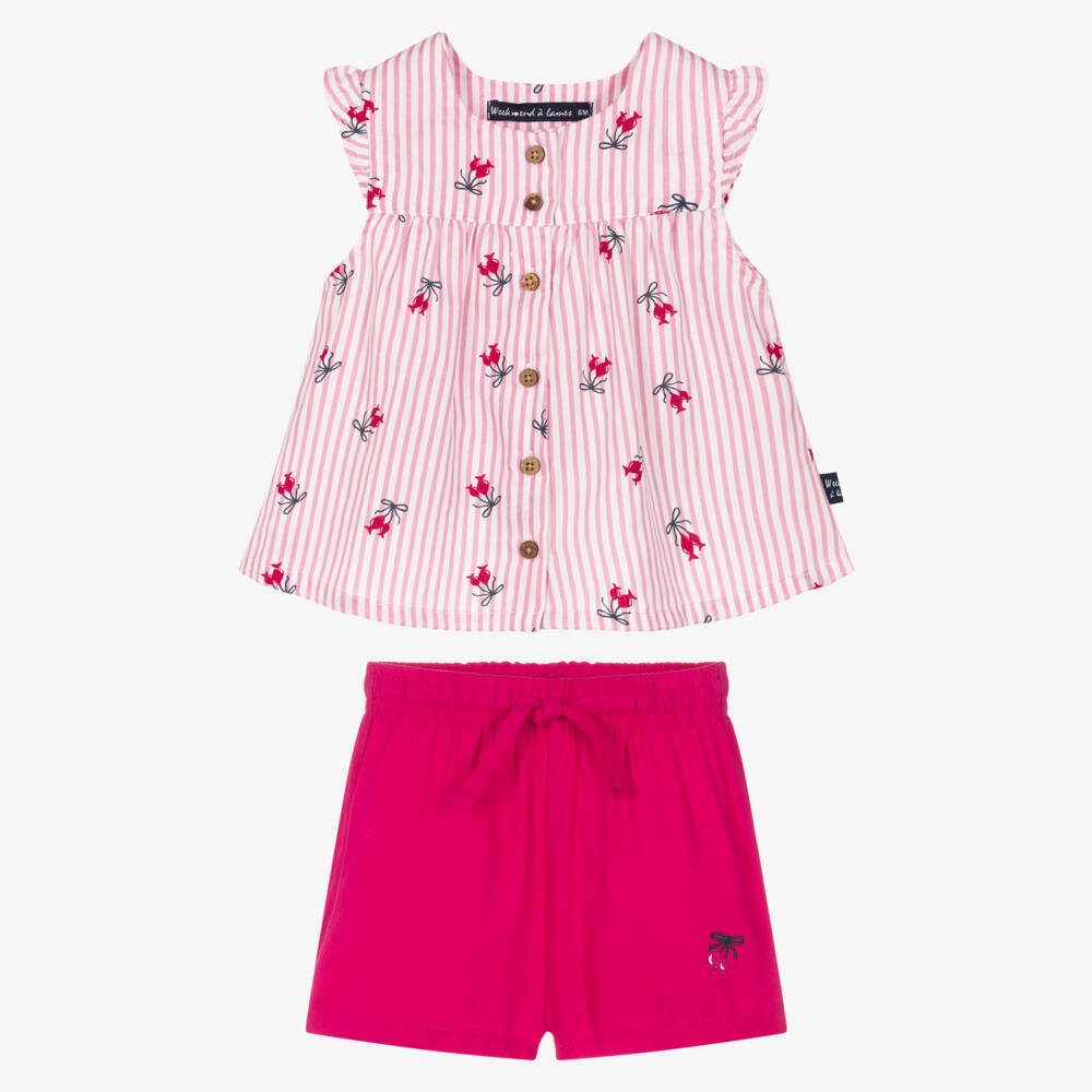Week-end à la mer-Girls Pink & White Striped Top with Shorts Set | Childrensalon