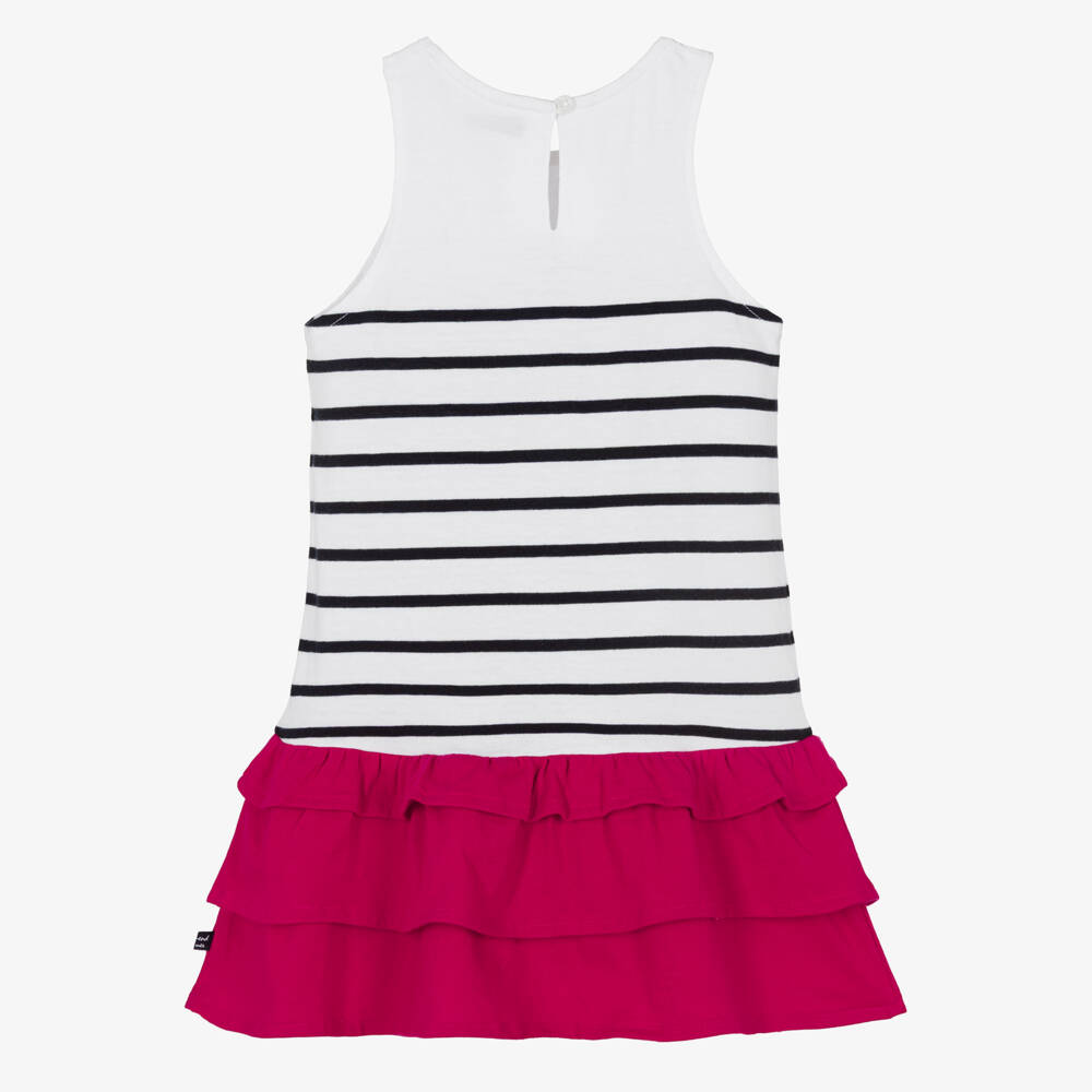 Week-end à la mer-Girls White & Blue Breton Stripe Cotton Dress with Pink Ruffles | Childrensalon