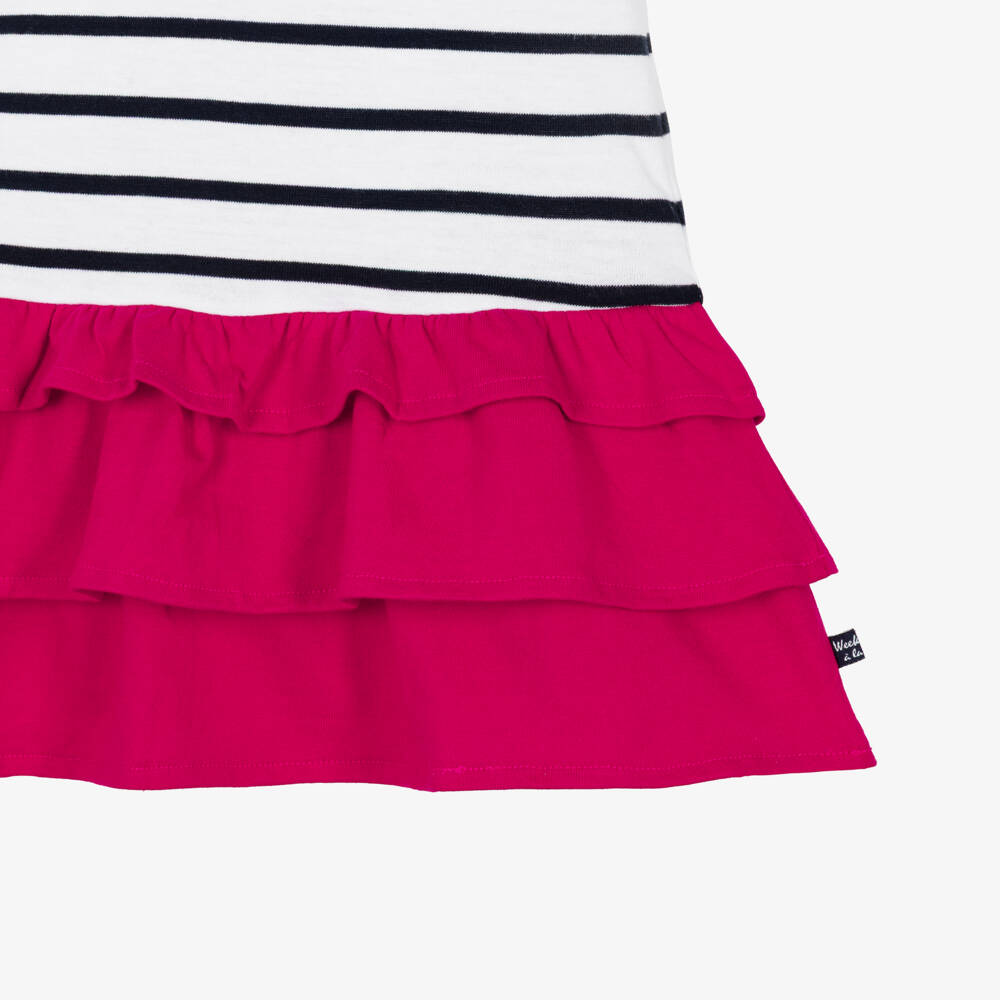 Week-end à la mer-Girls White & Blue Breton Stripe Cotton Dress with Pink Ruffles | Childrensalon