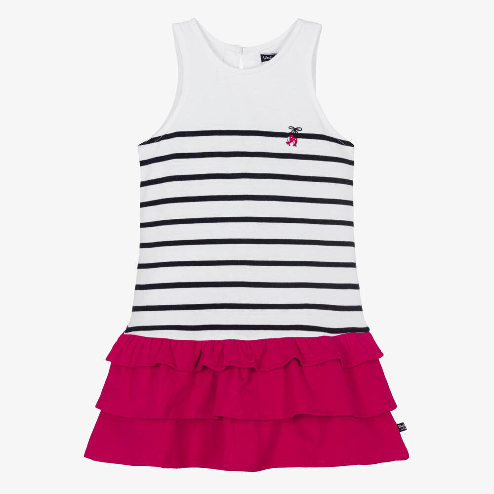 Week-end à la mer-Girls White & Blue Breton Stripe Cotton Dress with Pink Ruffles | Childrensalon