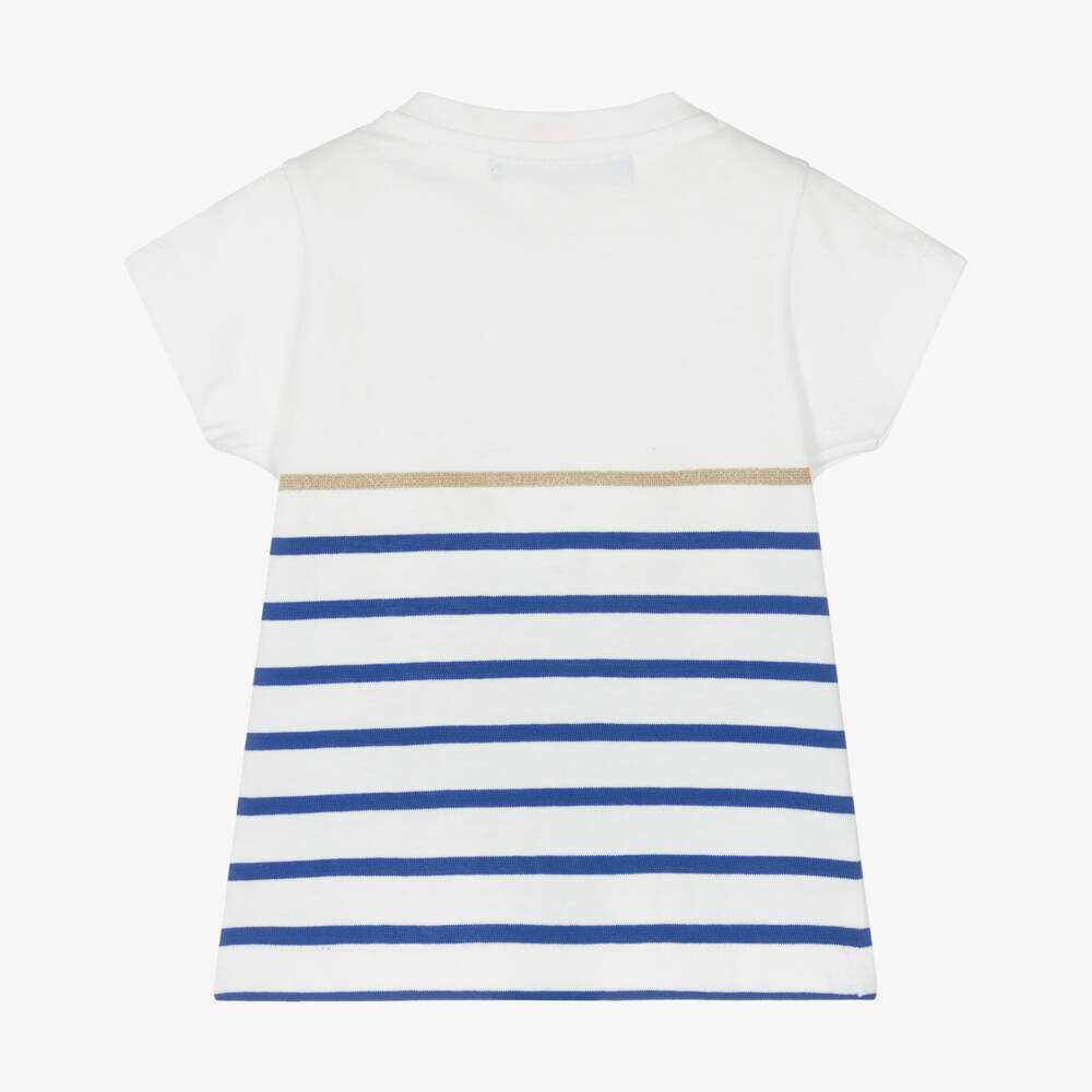 Week-end à la mer-Girls White & Blue Striped Cotton T-Shirt | Childrensalon