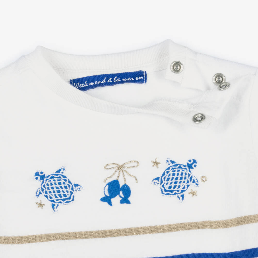 Week-end à la mer-Girls White & Blue Striped Cotton T-Shirt | Childrensalon