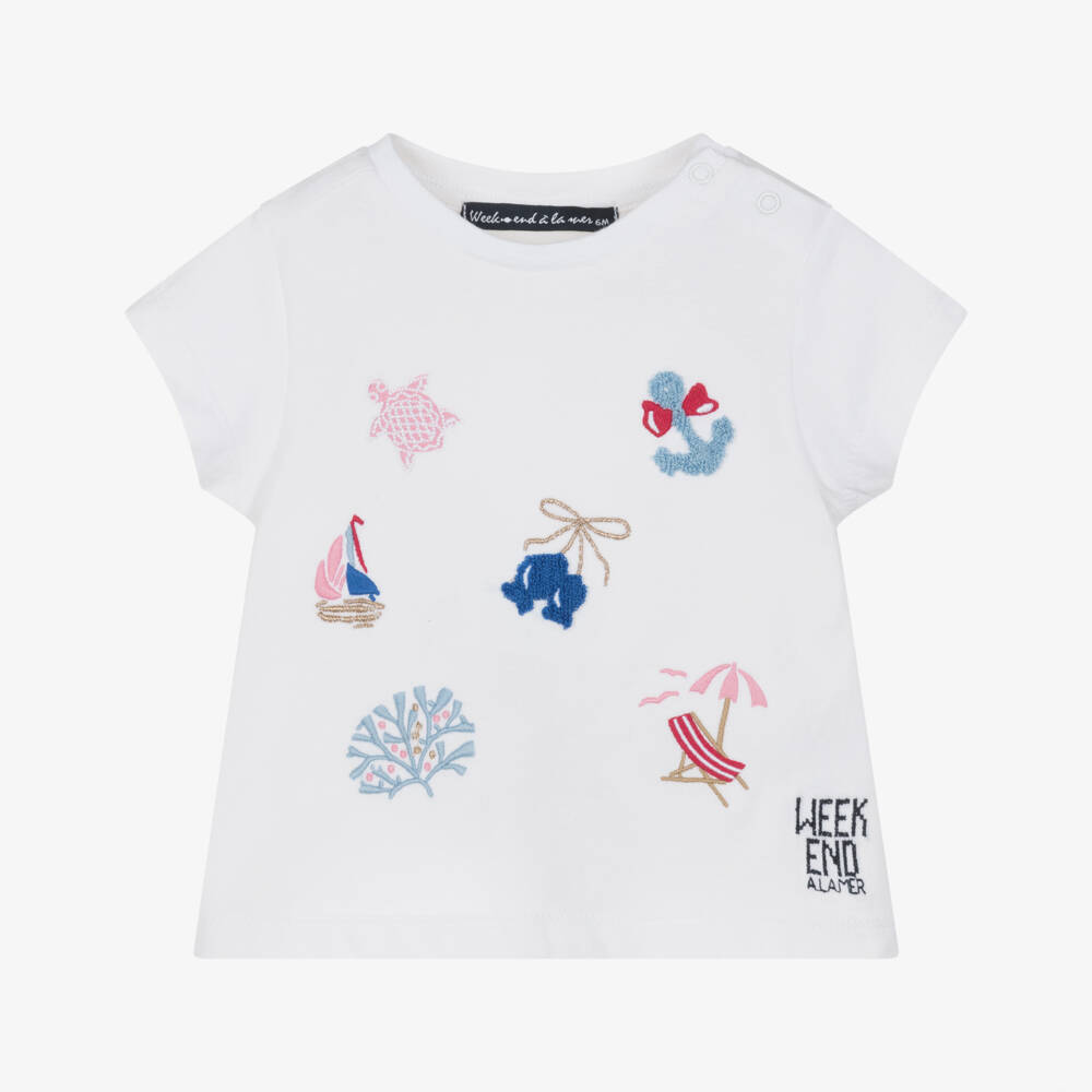 Week-end à la mer-Girls White Cotton T-Shirt with Beach Motifs | Childrensalon
