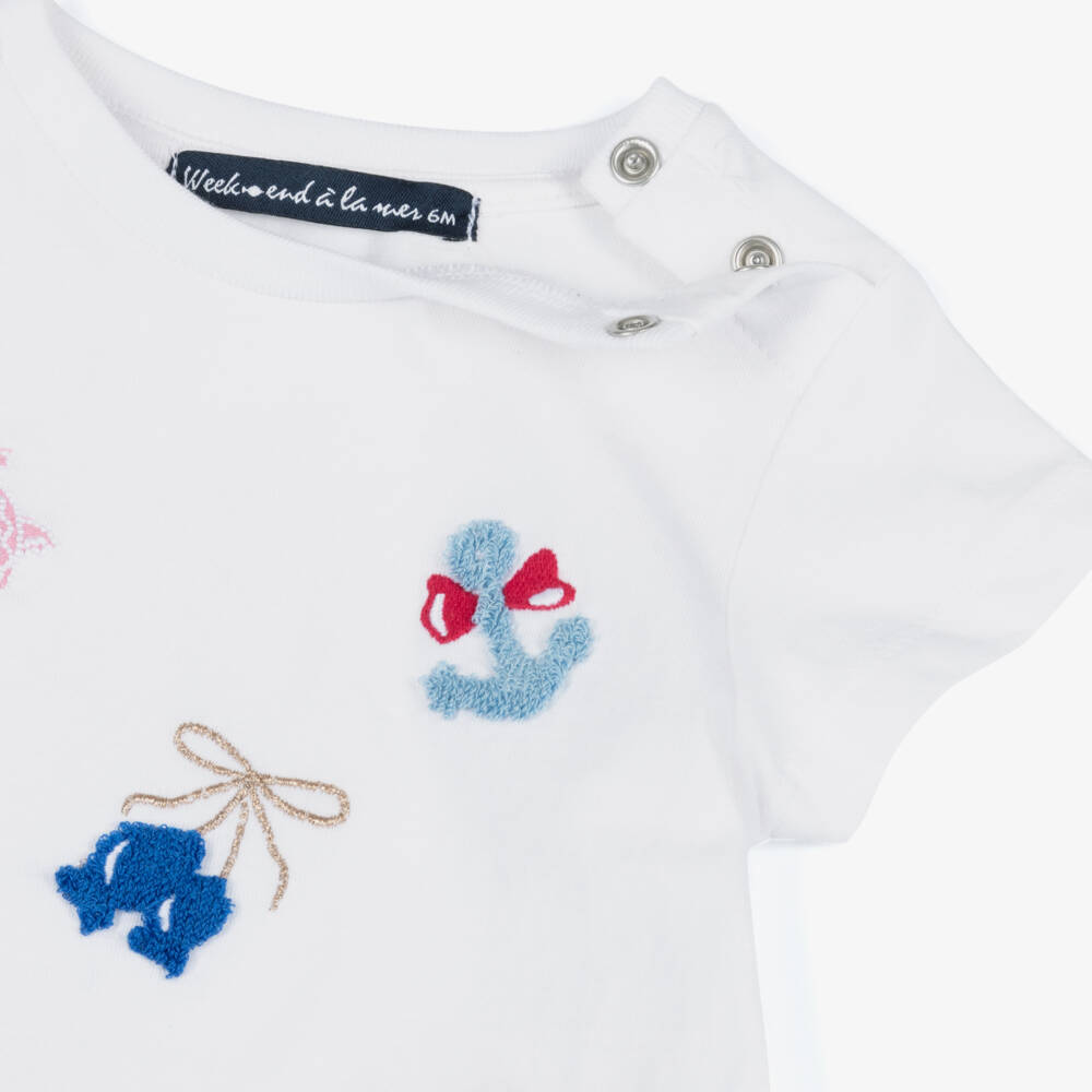 Week-end à la mer-Girls White Cotton T-Shirt with Beach Motifs | Childrensalon
