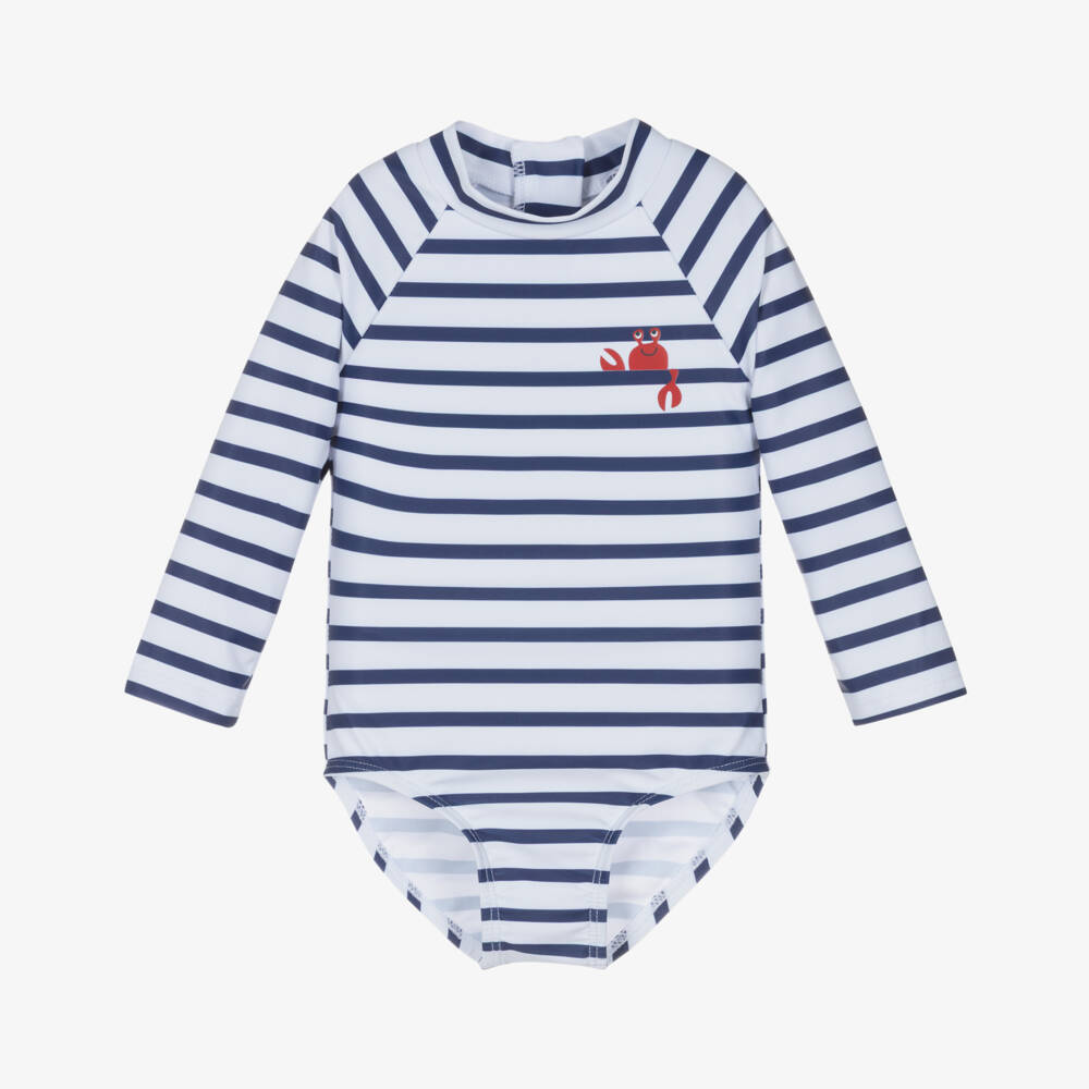 Week-end à la mer-Girls White & Navy Blue Stripe Swimsuit (UPF50) | Childrensalon