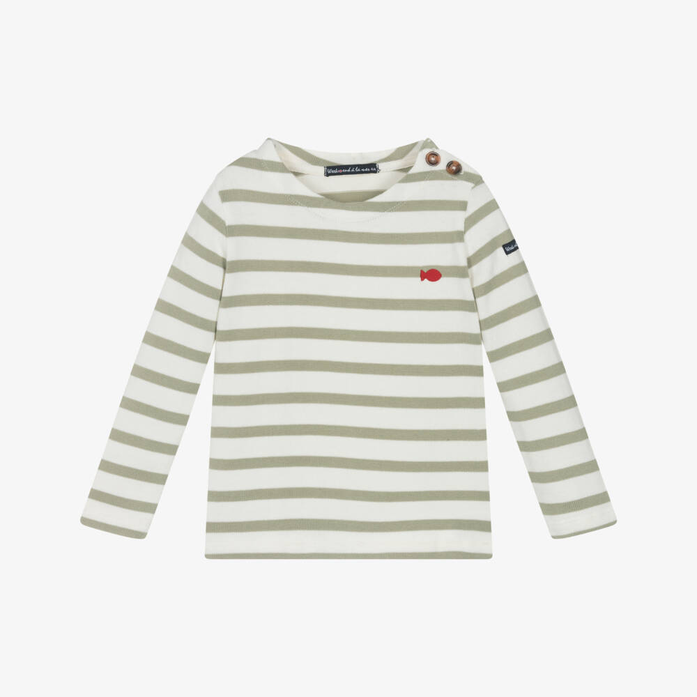 Week-end à la mer-Khaki Green & Ivory Breton Stripe Cotton Knit Sweater | Childrensalon