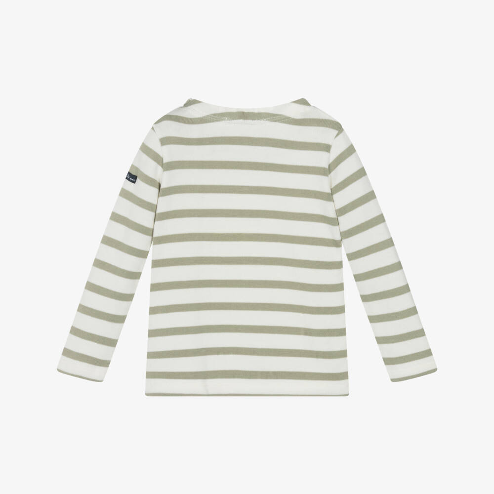 Week-end à la mer-Khaki Green & Ivory Breton Stripe Cotton Knit Sweater | Childrensalon