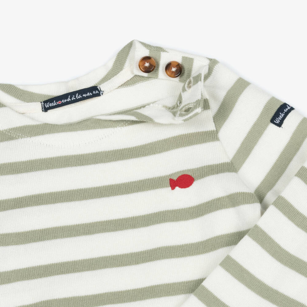 Week-end à la mer-Khaki Green & Ivory Breton Stripe Cotton Knit Sweater | Childrensalon