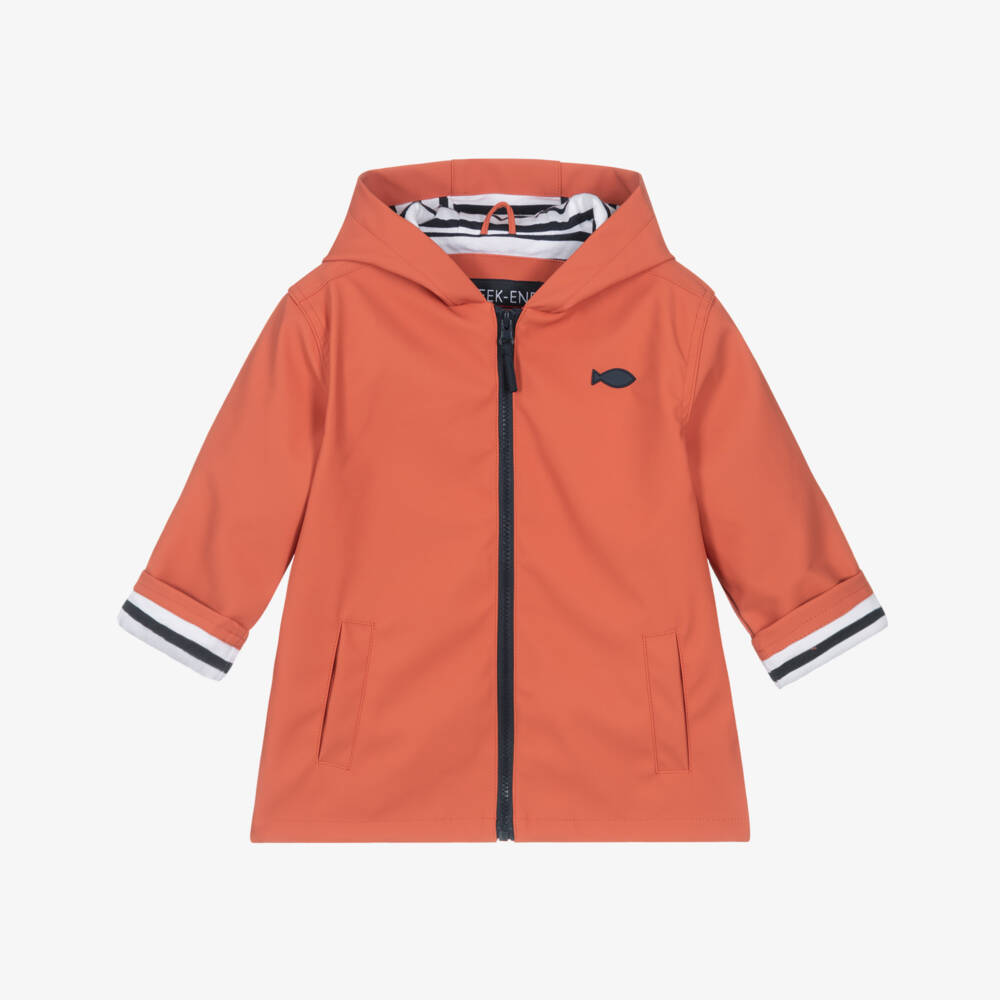 Week-end à la mer-Orange Waterproof Raincoat with Breton Stripe Lining | Childrensalon