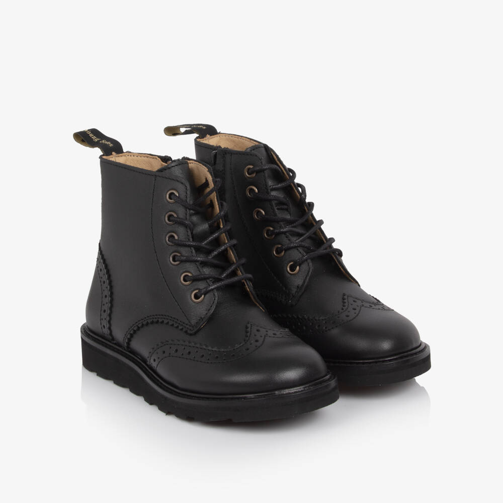 Young Soles-Black Leather Brogue Ankle Boots  | Childrensalon