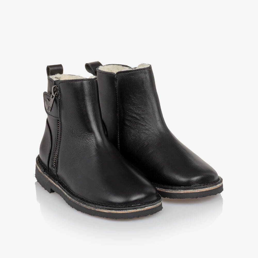Young Soles-Black Leather Fleece-Lined Ankle Boots | Childrensalon