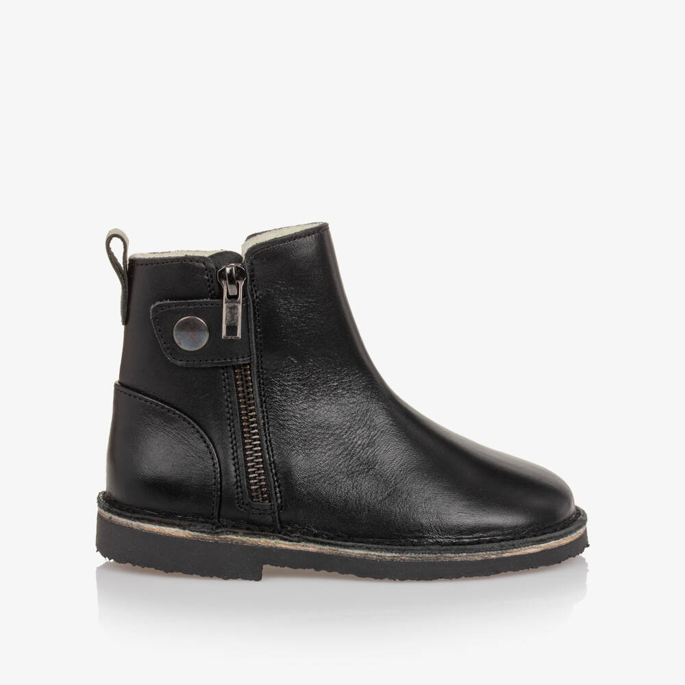 Young Soles-Black Leather Fleece-Lined Ankle Boots | Childrensalon
