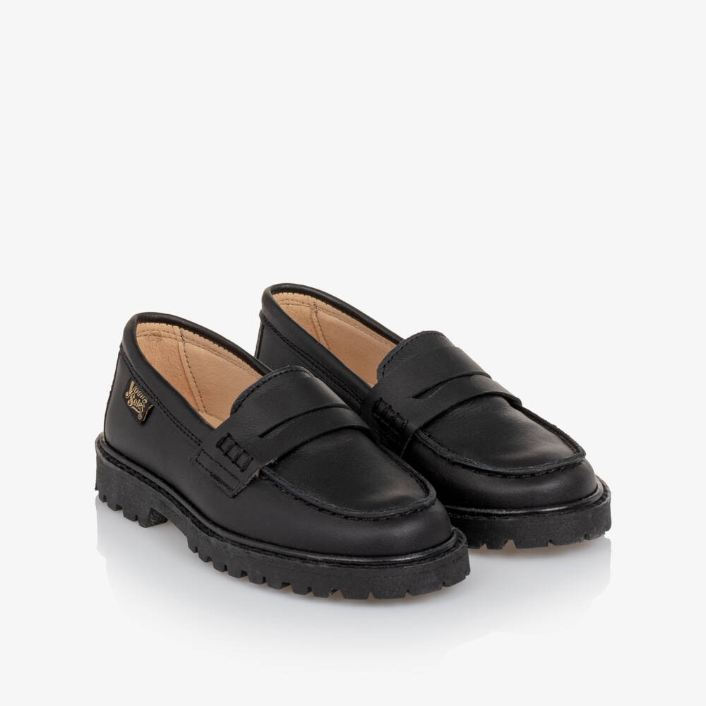 Young Soles-Black Leather Loafers with Chunky Sole | Childrensalon
