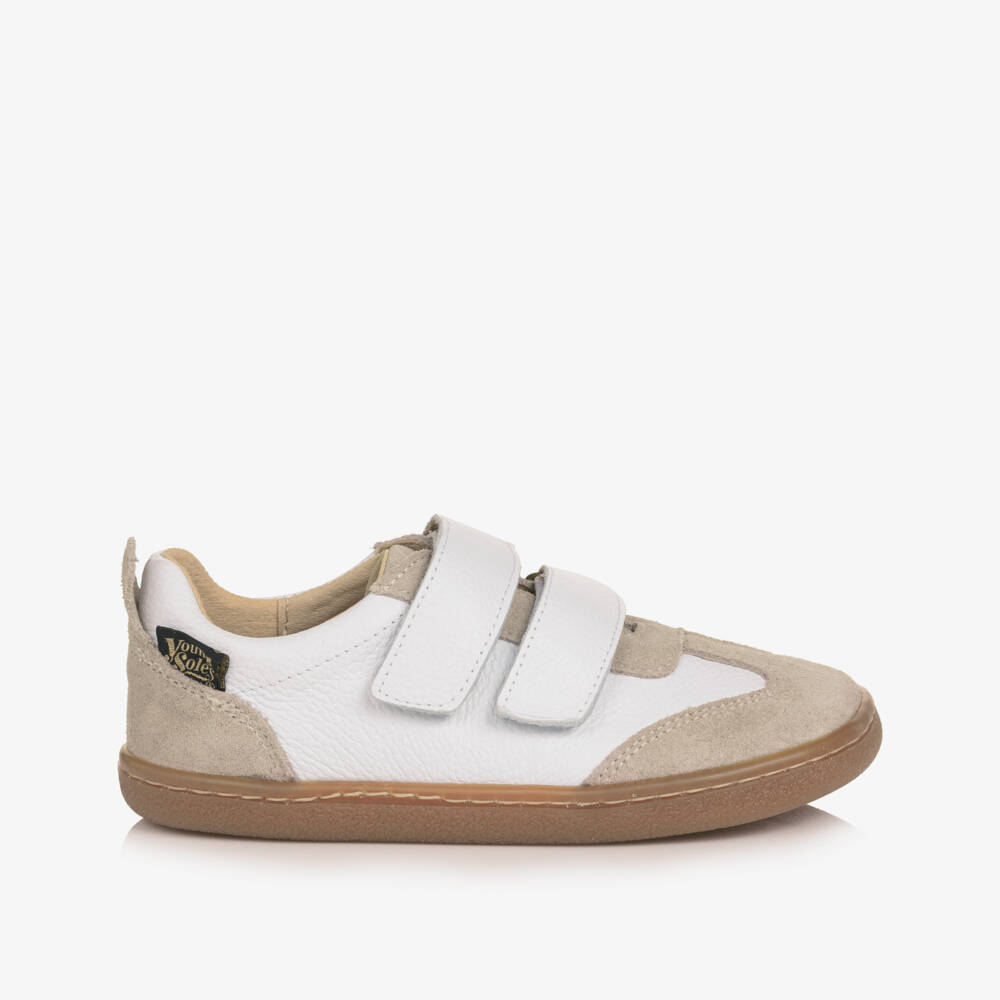 Young Soles-Boys White & Beige Leather Pele Barefoot Trainers | Childrensalon