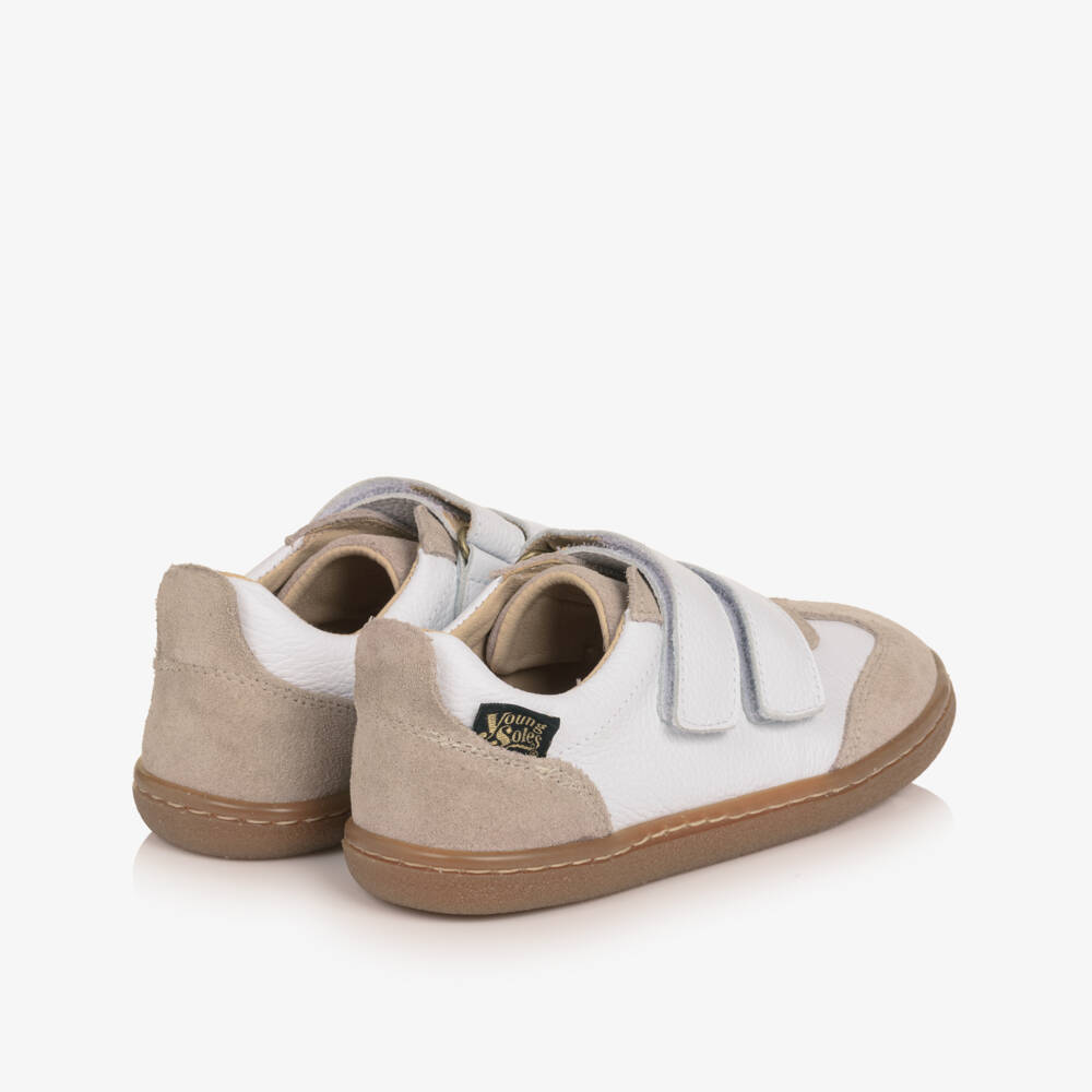 Young Soles-Boys White & Beige Leather Pele Barefoot Trainers | Childrensalon