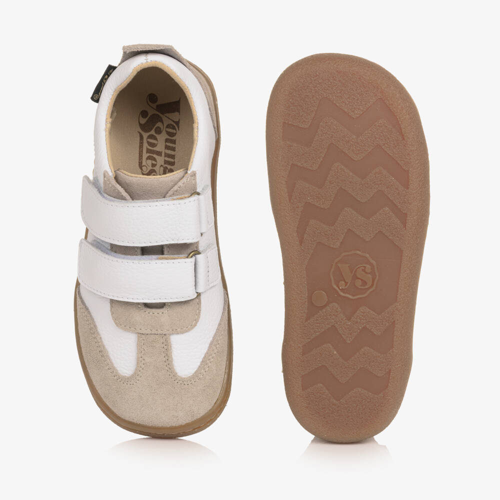 Young Soles-Boys White & Beige Leather Pele Barefoot Trainers | Childrensalon