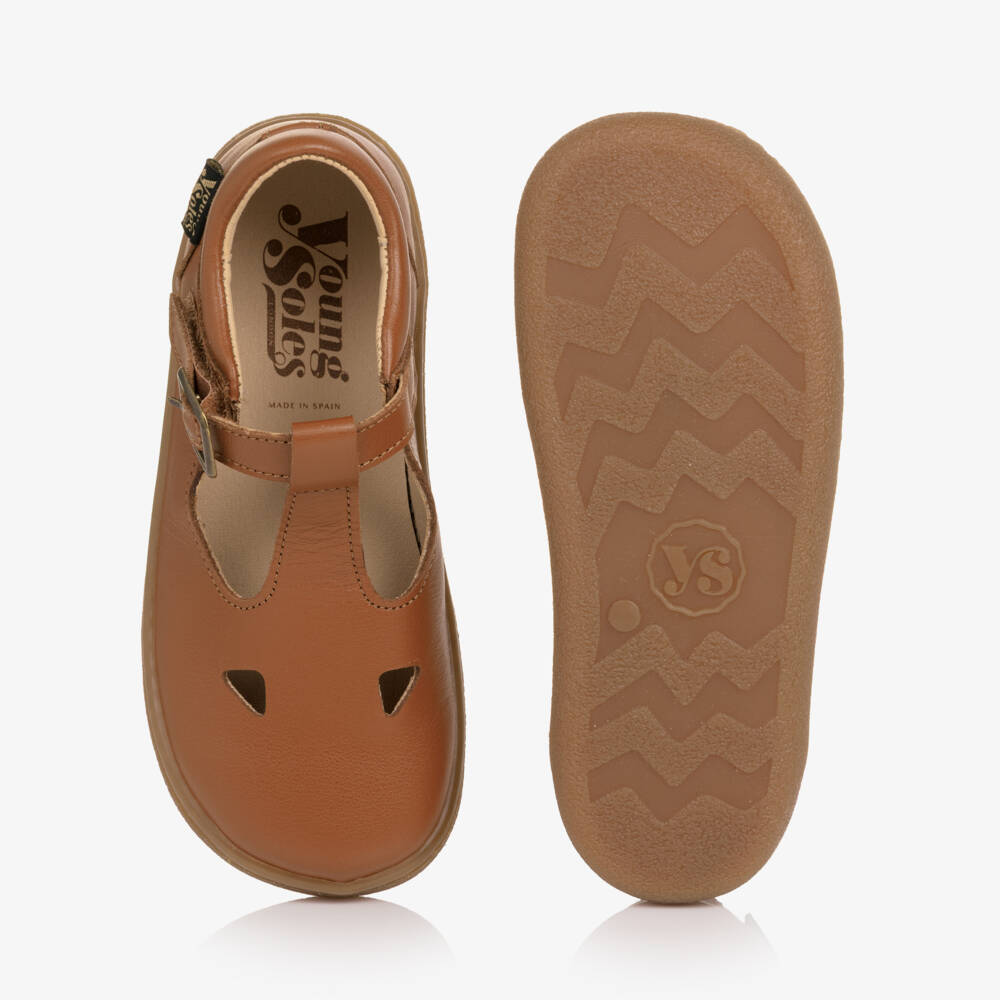 Young Soles-Brown Leather Darcey Barefoot T-Bar Shoes | Childrensalon