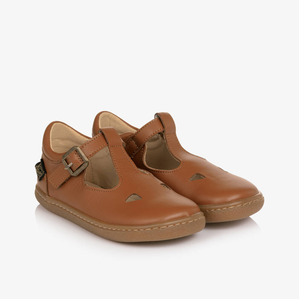 Young Soles-Brown Leather Darcey Barefoot T-Bar Shoes | Childrensalon