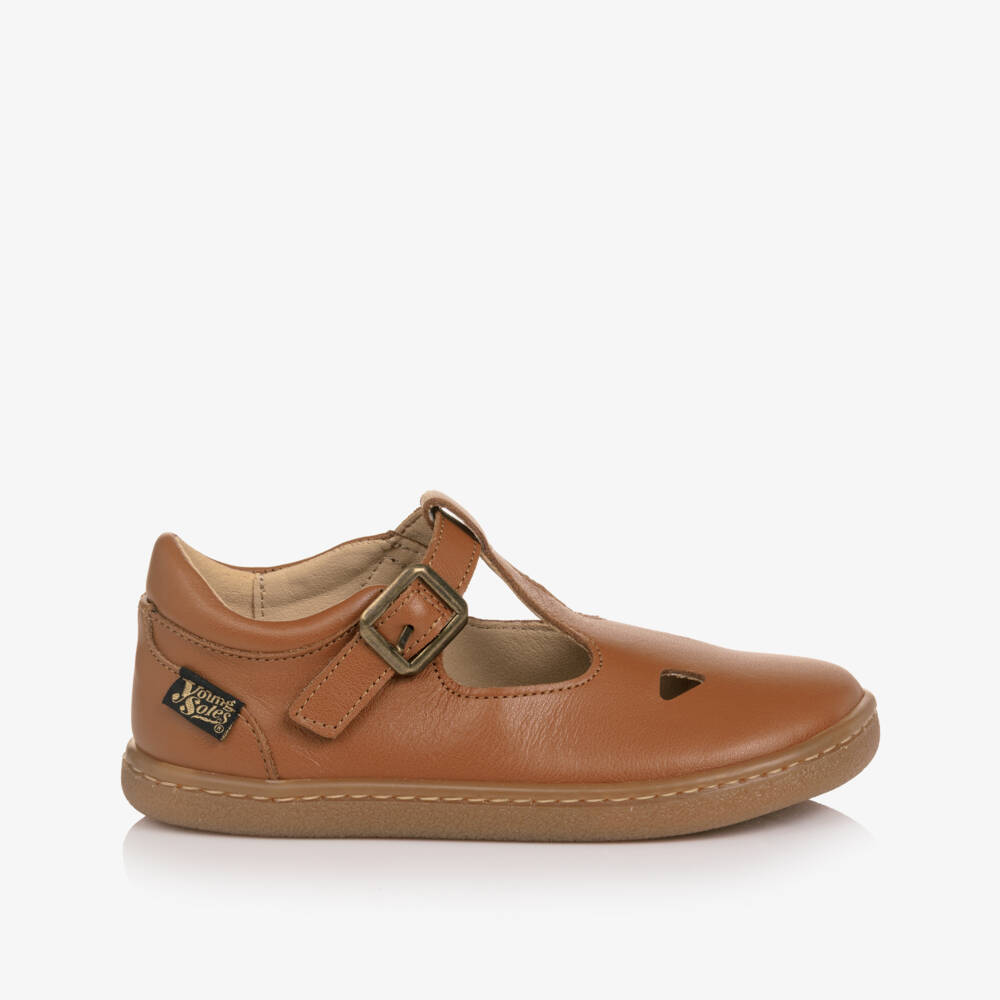 Young Soles-Brown Leather Darcey Barefoot T-Bar Shoes | Childrensalon