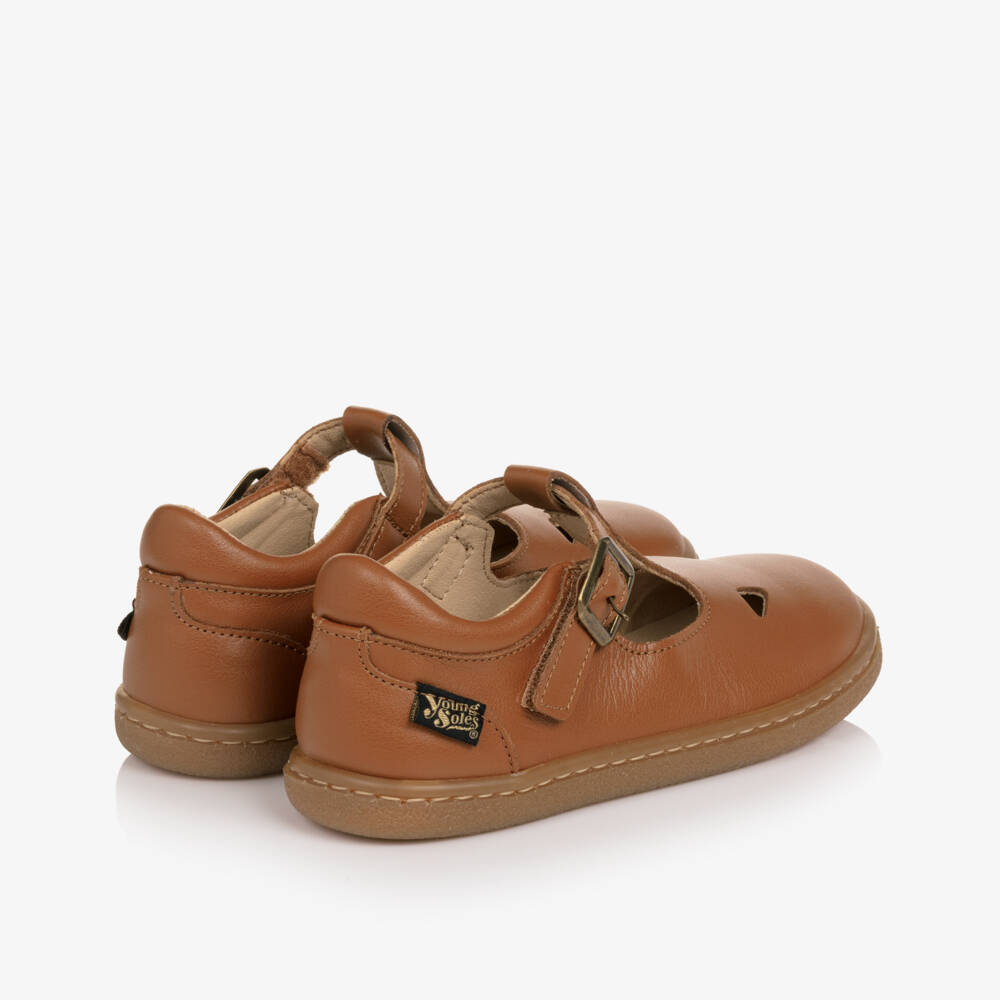 Young Soles-Brown Leather Darcey Barefoot T-Bar Shoes | Childrensalon