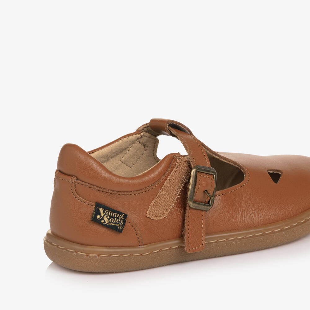 Young Soles-Brown Leather Darcey Barefoot T-Bar Shoes | Childrensalon