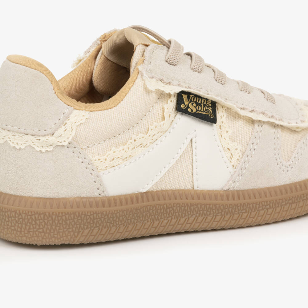 Young Soles-Girls Beige Suede Leather Trainers with Lace Trim | Childrensalon