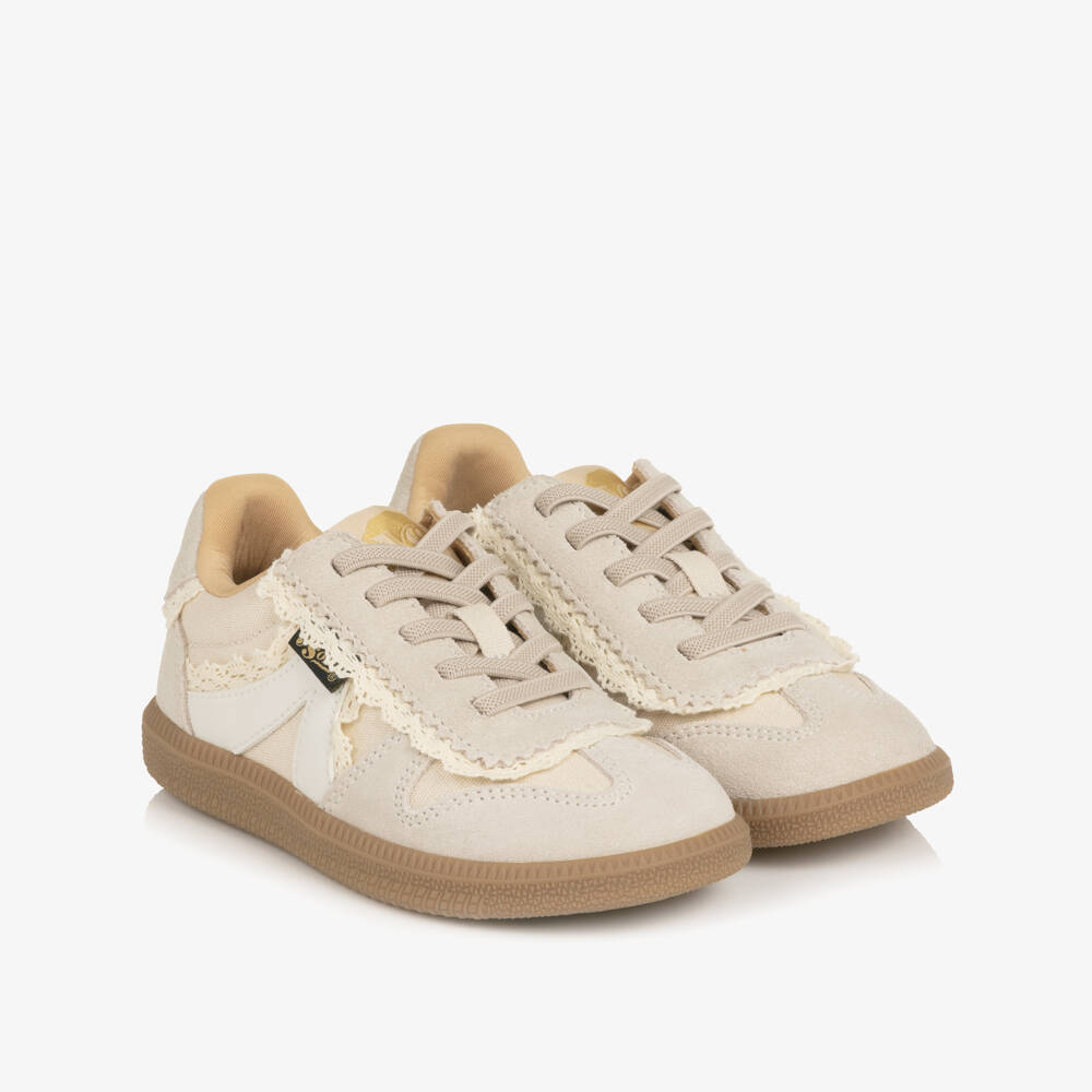 Young Soles-Girls Beige Suede Leather Trainers with Lace Trim | Childrensalon