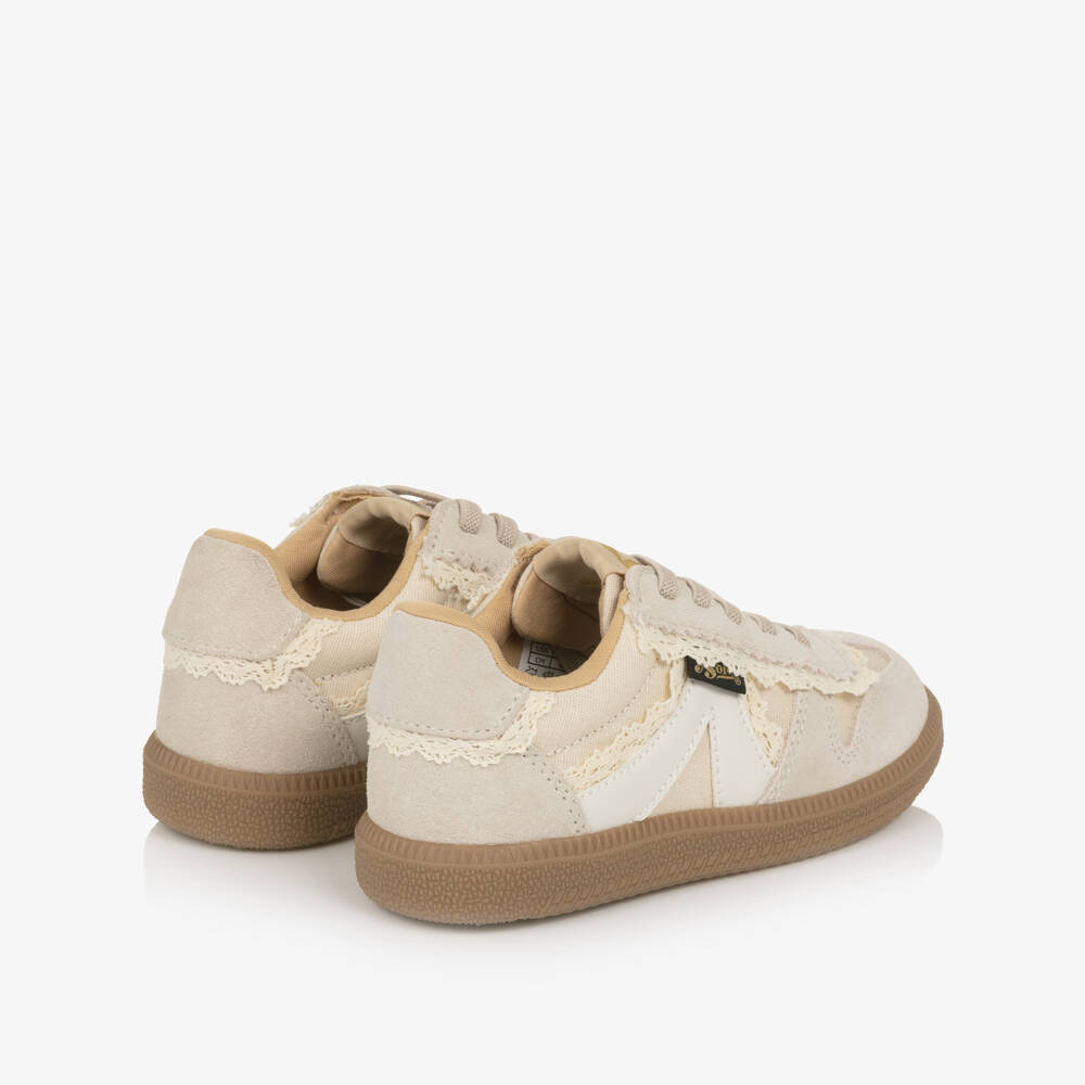 Young Soles-Girls Beige Suede Leather Trainers with Lace Trim | Childrensalon