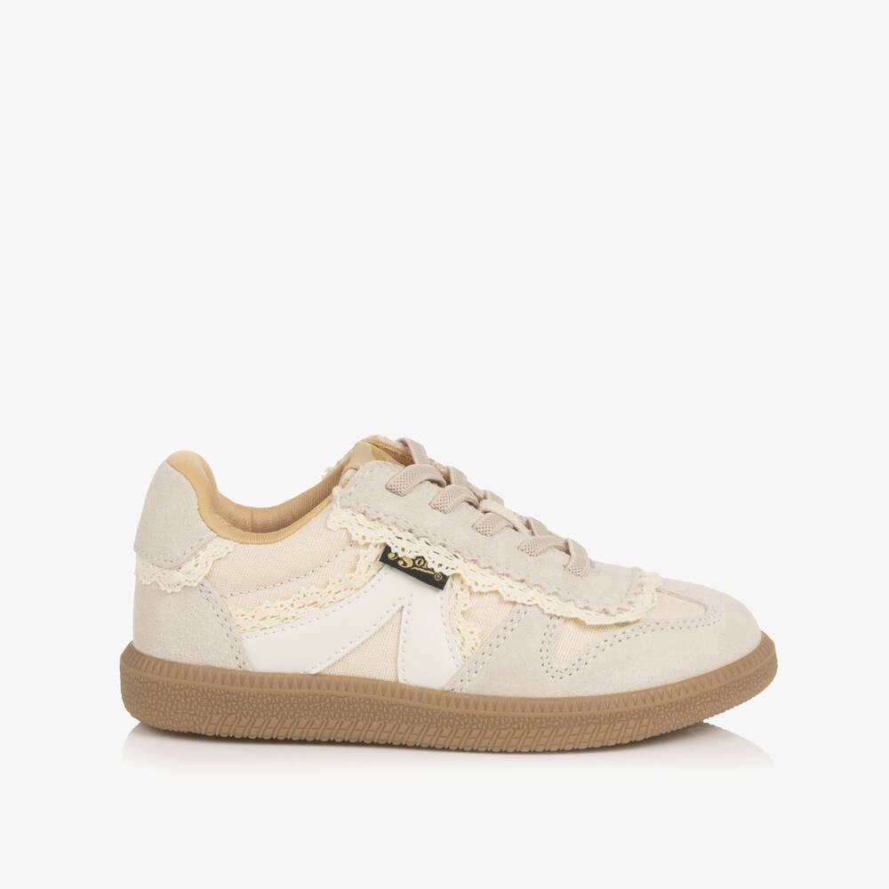 Young Soles-Girls Beige Suede Leather Trainers with Lace Trim | Childrensalon