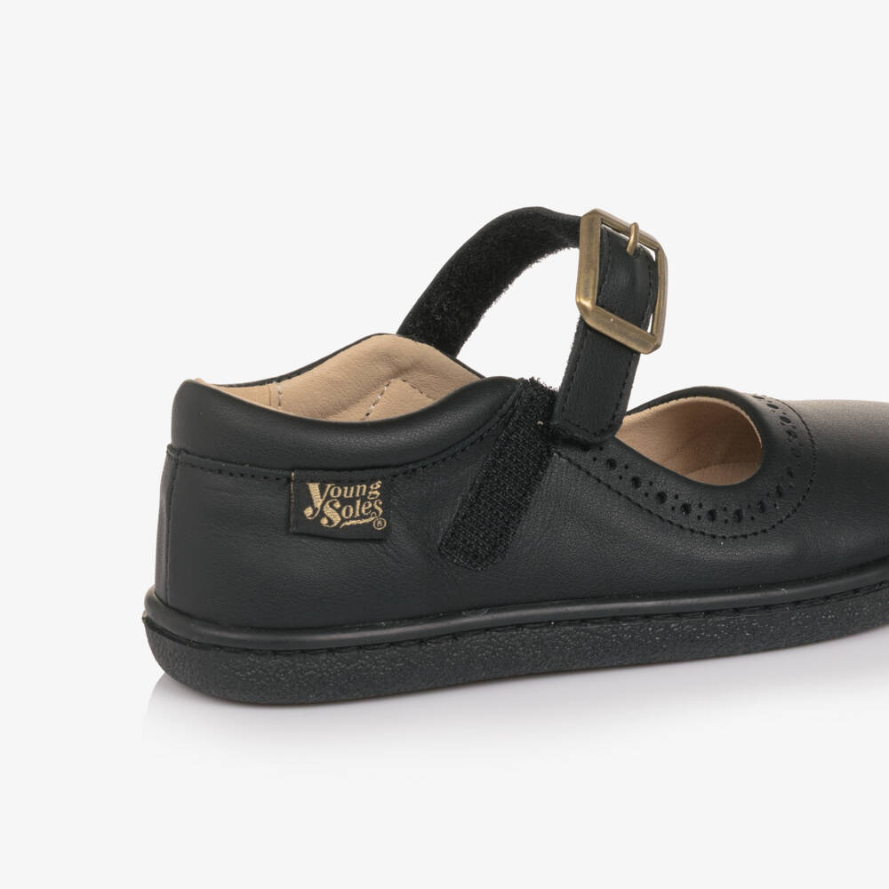 Young Soles-Girls Black Leather Barefoot Velcro Shoes | Childrensalon