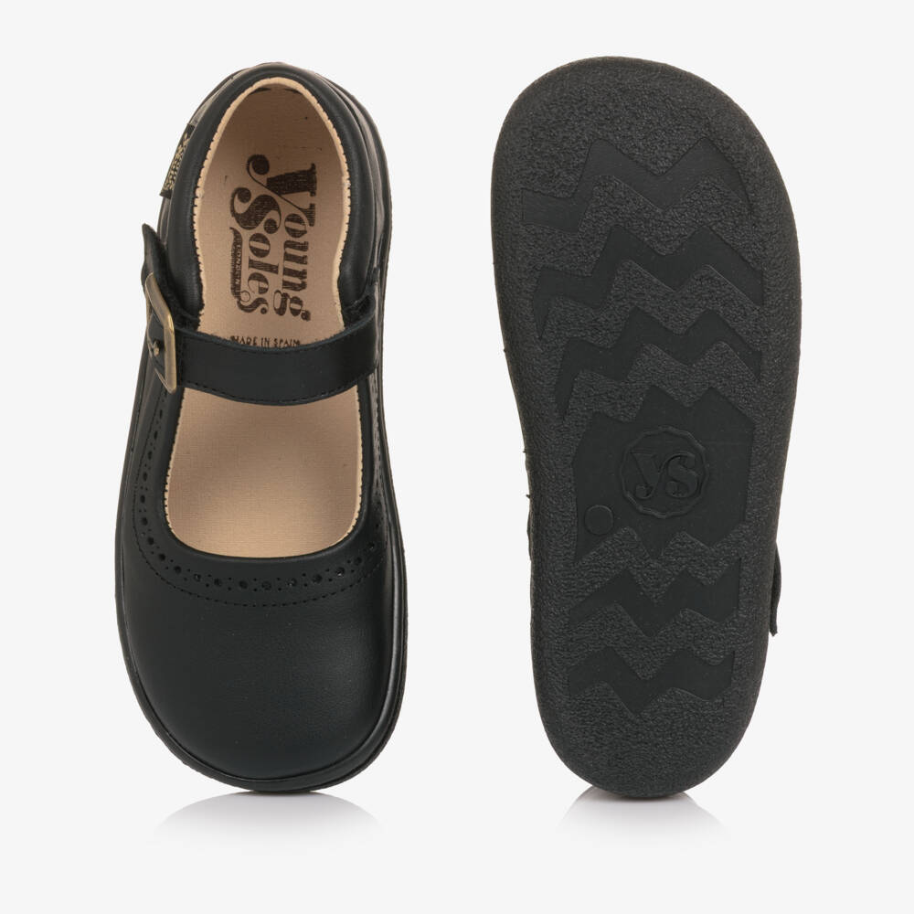 Young Soles-Girls Black Leather Barefoot Velcro Shoes | Childrensalon