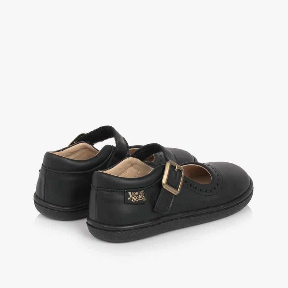 Young Soles-Girls Black Leather Barefoot Velcro Shoes | Childrensalon