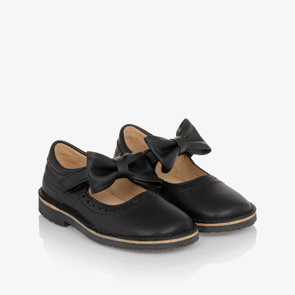 Young Soles-Girls Black Leather Mary Jane Shoes with Bows | Childrensalon