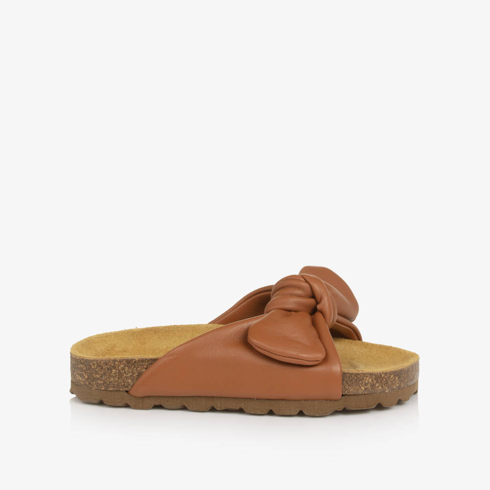 Young Soles-Girls Brown Bunny Bow Leather Sliders | Childrensalon