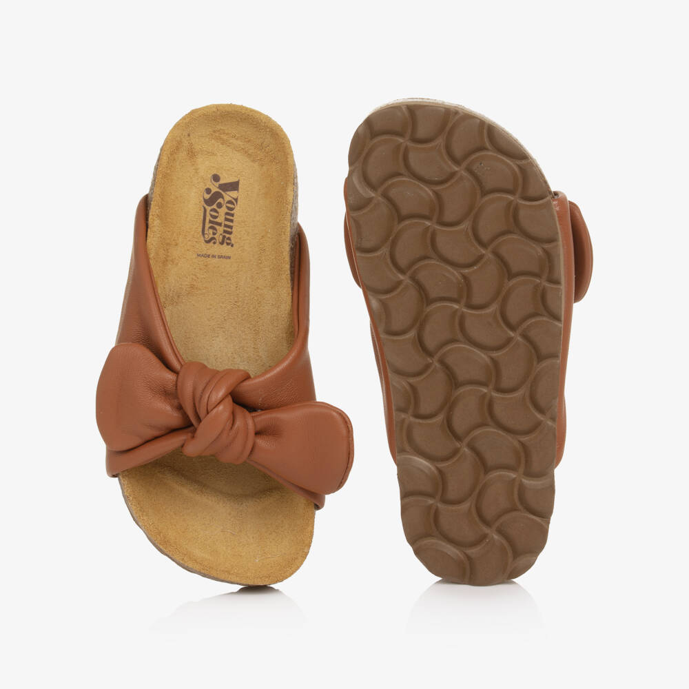 Young Soles-Girls Brown Bunny Bow Leather Sliders | Childrensalon