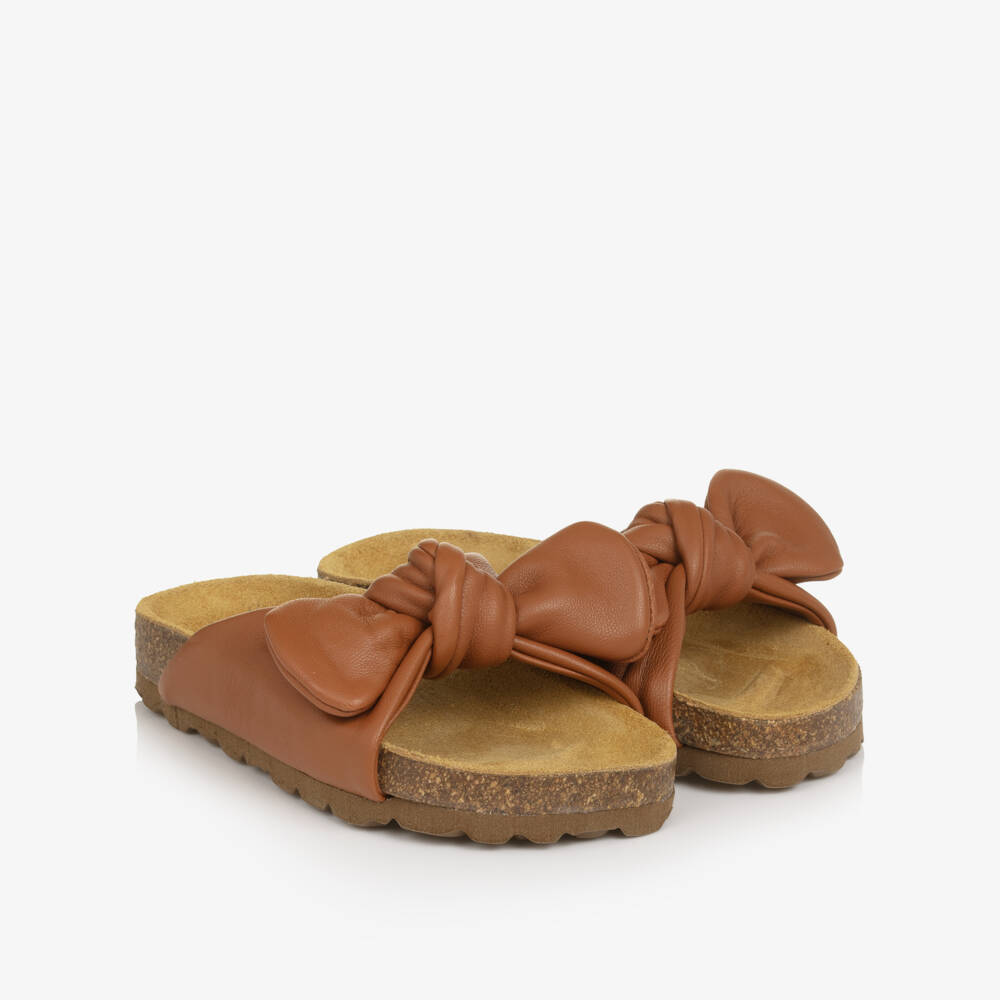 Young Soles-Girls Brown Bunny Bow Leather Sliders | Childrensalon