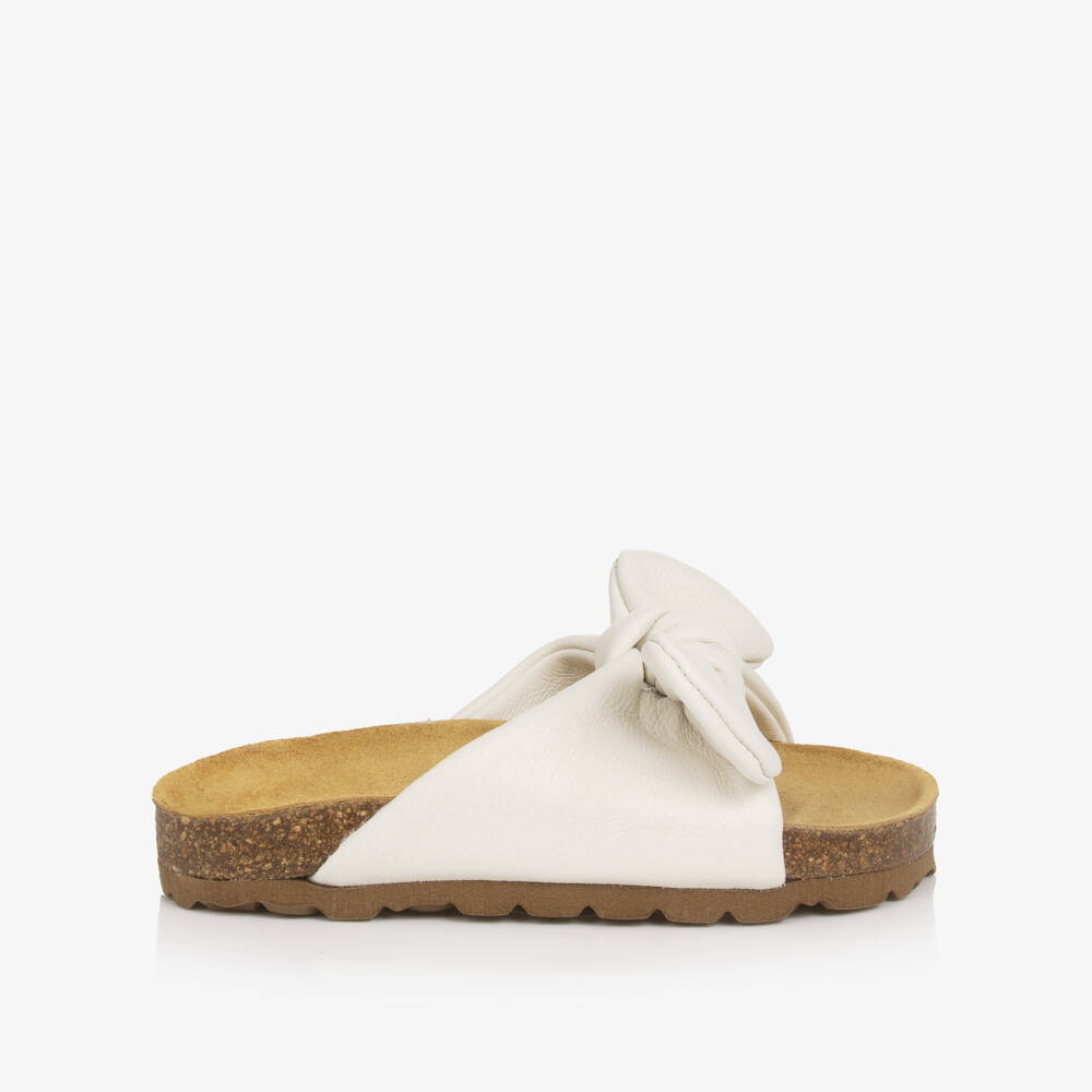 Young Soles-Girls Ivory Bunny Bow Leather Sliders | Childrensalon