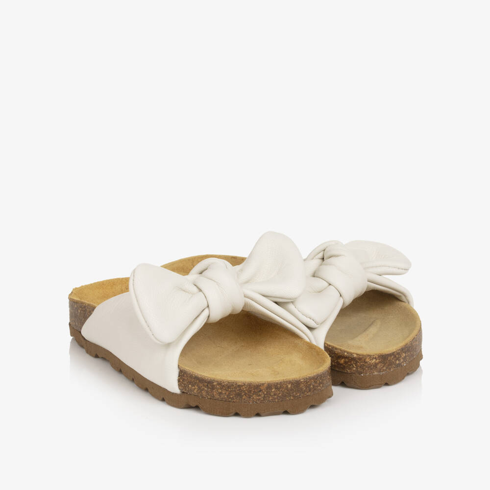 Young Soles-Girls Ivory Bunny Bow Leather Sliders | Childrensalon