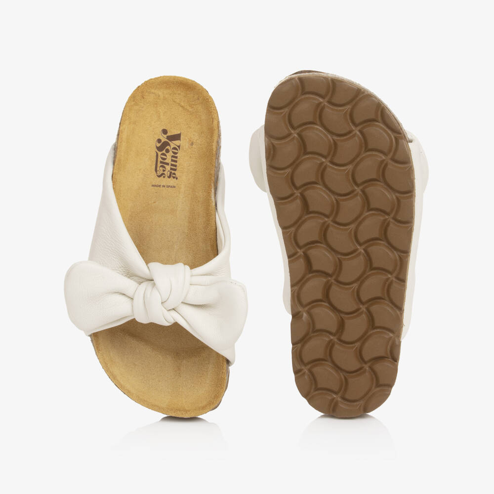 Young Soles-Girls Ivory Bunny Bow Leather Sliders | Childrensalon