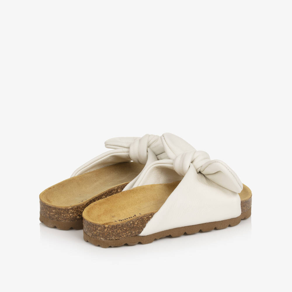 Young Soles-Girls Ivory Bunny Bow Leather Sliders | Childrensalon