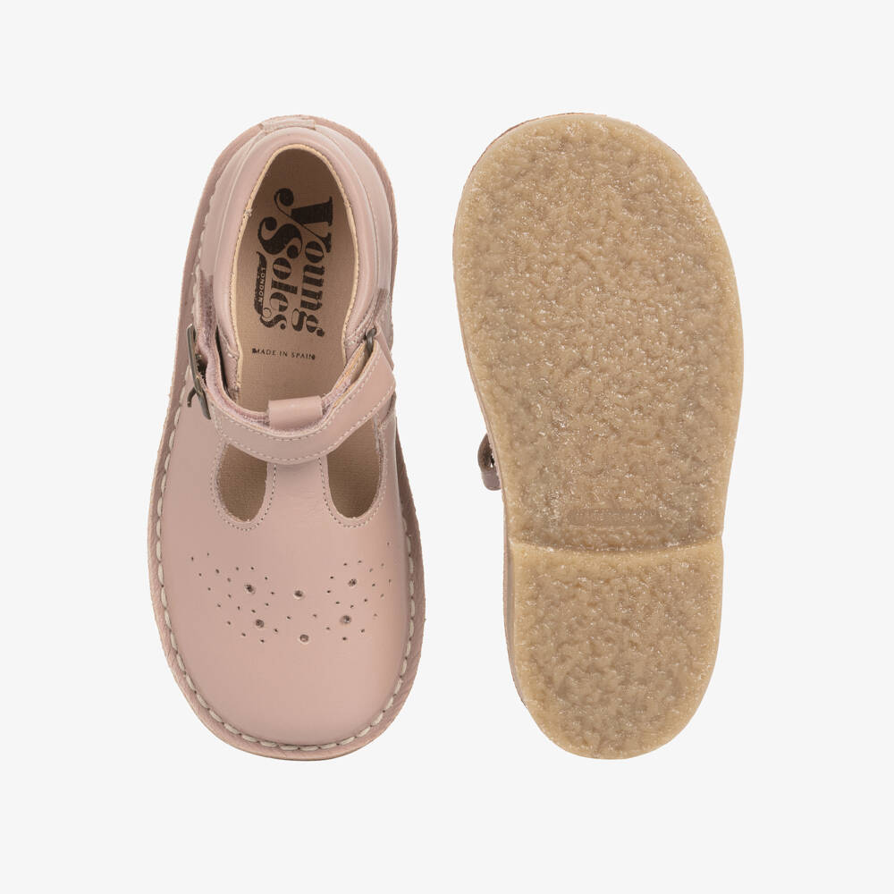 Young Soles-Girls Pale Pink Leather T-Bar Shoes | Childrensalon