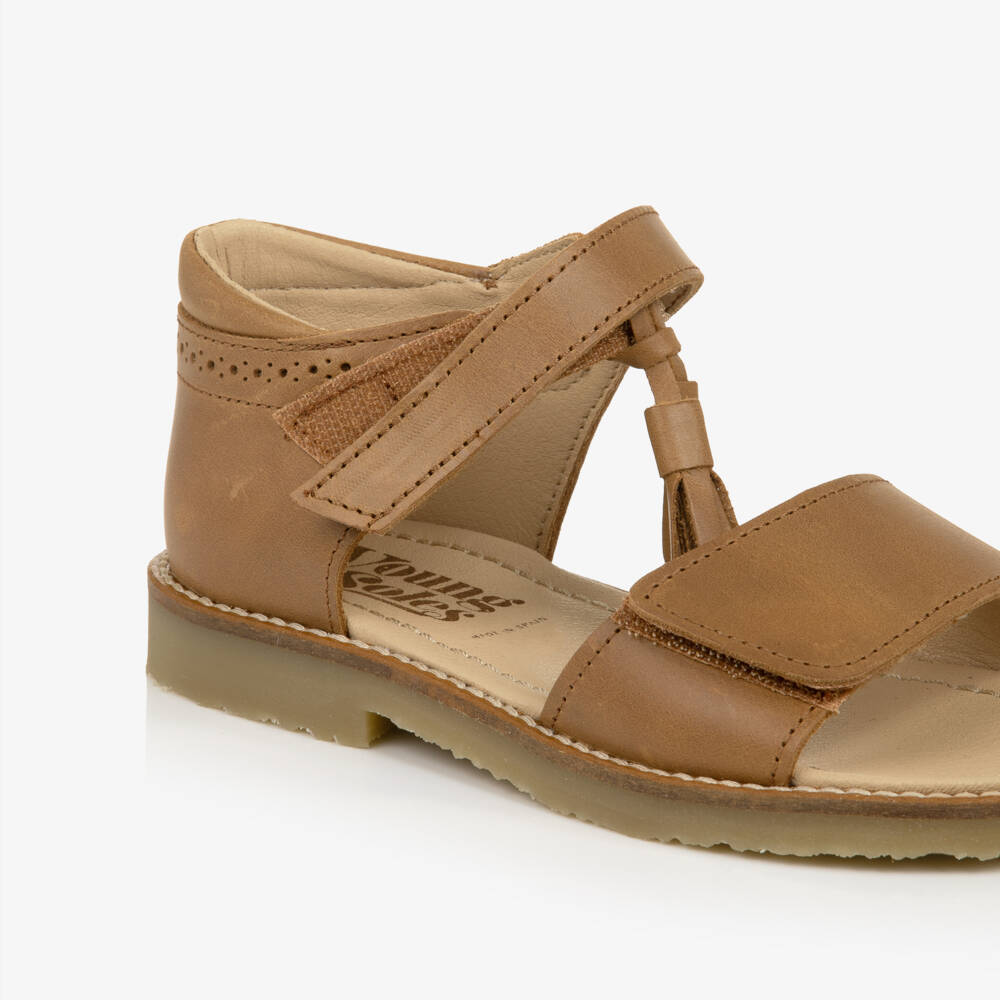 Young Soles-Girls Tan Brown Leather Tassel Sandals | Childrensalon