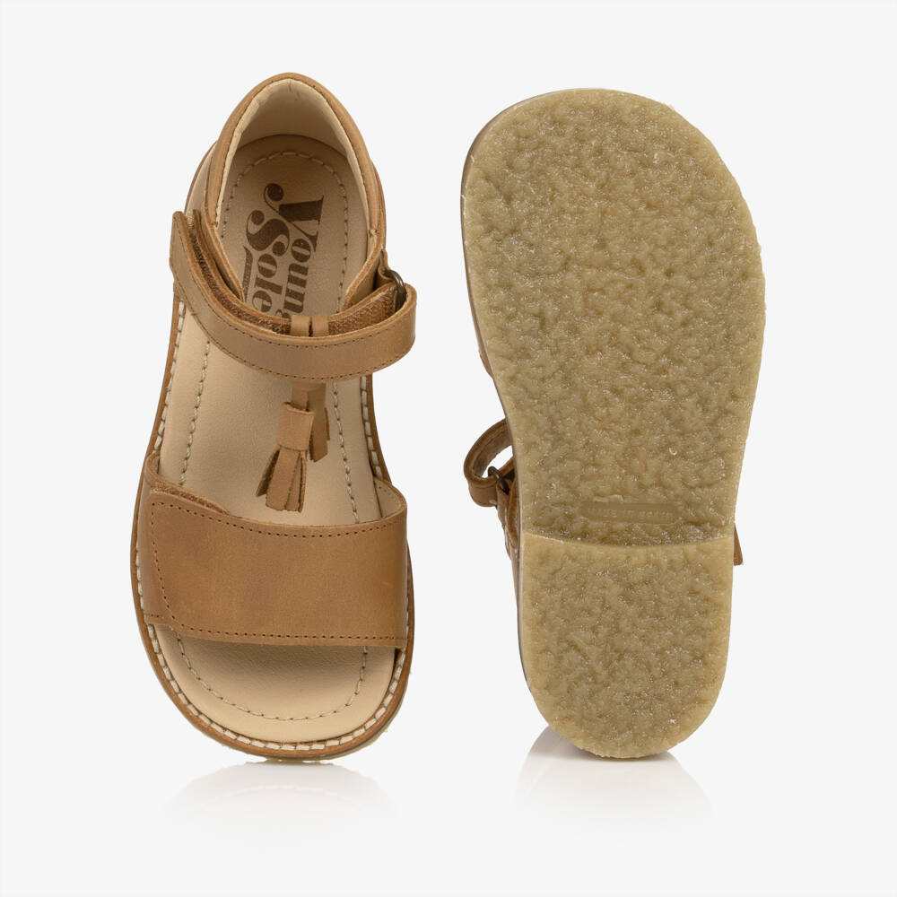 Young Soles-Girls Tan Brown Leather Tassel Sandals | Childrensalon