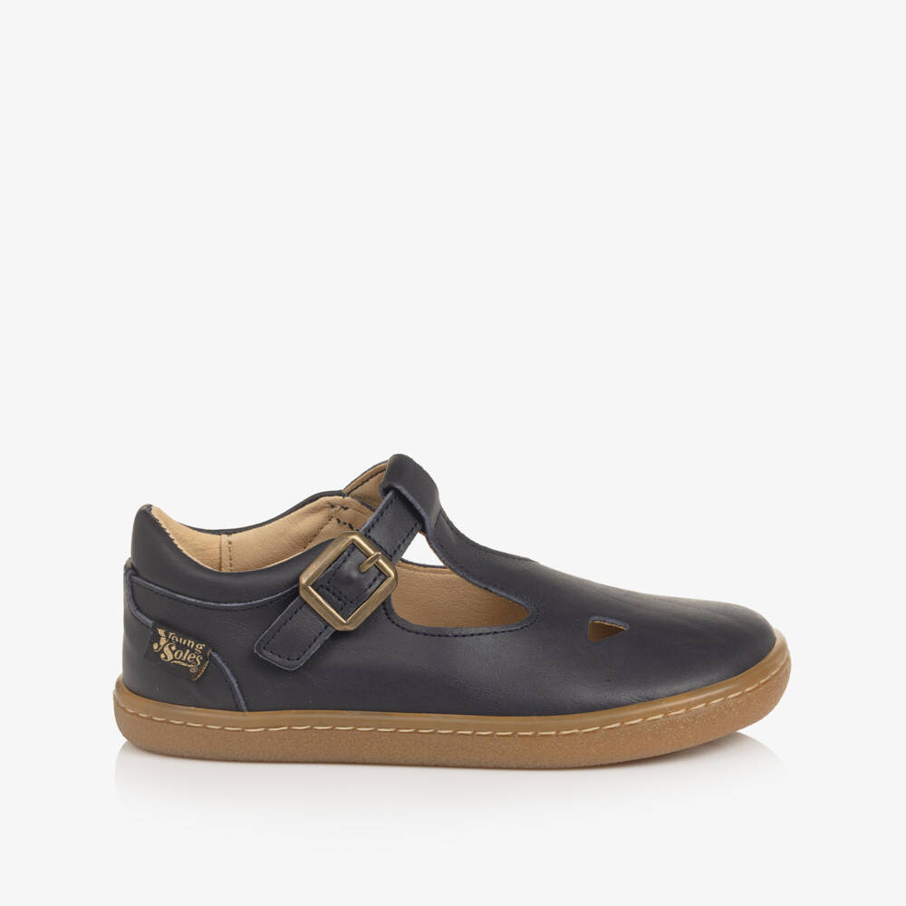 Young Soles-Navy Blue Leather Barefoot T-Bar Shoes | Childrensalon