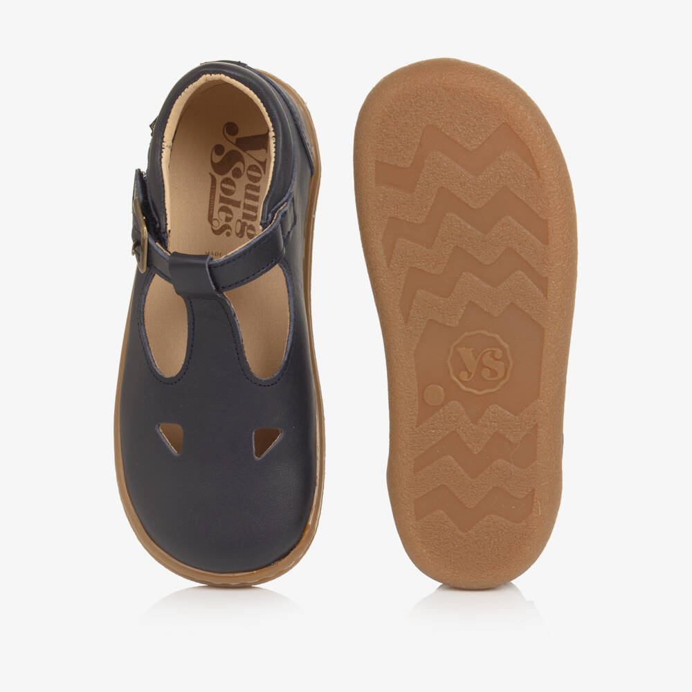 Young Soles-Navy Blue Leather Darcey Barefoot T-Bar Shoes | Childrensalon