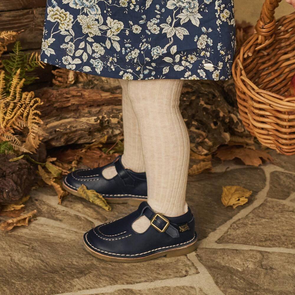 Young Soles-Navy Blue Leather Topstitching T-Bar Shoes | Childrensalon
