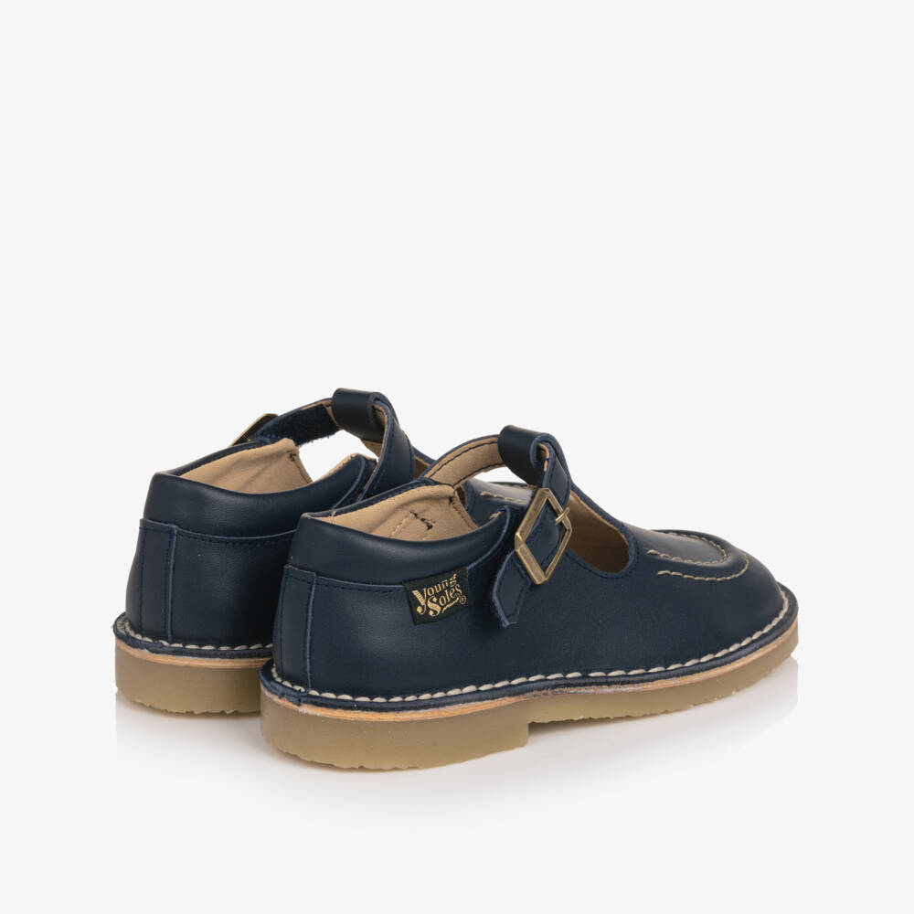 Young Soles-Navy Blue Leather Topstitching T-Bar Shoes | Childrensalon